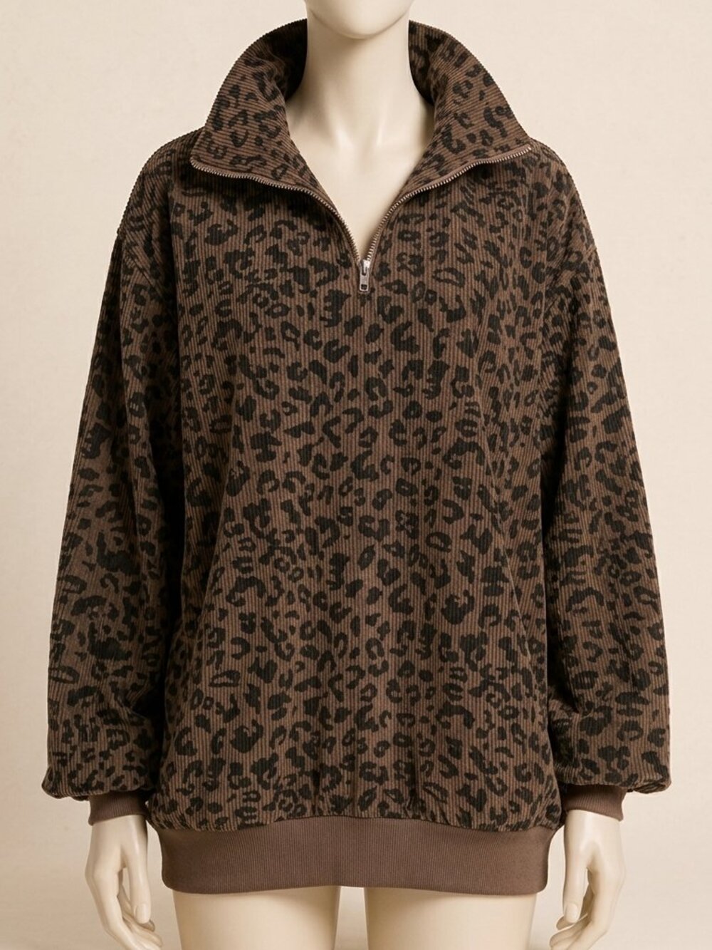 Novelife Leopard Brown Half Zip Pullover Women's M Drop Shoulder Corduroy